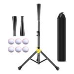 Covfirst Baseball Batting Tee, Portable Batting Tee for Baseball and Softball, Height Adjustment from 25 to 39 inch, Heavy Duty Base Hitting Tee with Carry Bag and Rubber Top and Six Balls for Adults