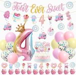 JUYRLE Four Ever Sweet Birthday Decorations Girl, 4th Birthday Decorations Include Ice Cream Donut Banner Cake Toppers Hanging Swirls Latex Foil Balloons, 4 Year Old Birthday Decorations