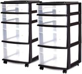 HOMZ 2-Pack Drawer Tower, 4-Tier Clear Plastic Storage Organizer Cart, Black Frame - Organizing Containers with Wheels for Home, Bathroom, Bedroom, Office, and Classroom