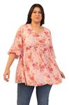 Janasya Women's Plus Size Peach Dobby Georgette Floral Ruched Top (PL1008-TP-N-5XL)