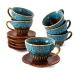 YINUOWEI 4 Oz Espresso Cups with Saucers, Ceramic Espresso Coffee Cups, Ribbed Demitasse Cups Perfect for Single or Double Espresso, Macchiato, Tea, Small Latte and Cappuccino, Set of 6, Glazed Blue