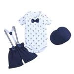 BUMZEE Navy & White Boys Half Sleeves Bodysuit & Short Set With Bow Suspender & Cap Age - 0-3 Months