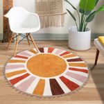 KIMODE Retro Sun Round Rug 90cm, Non Slip Area Rugs for Bedroom Soft Machine Washable Rugs Living Room Indoor Door Mat with Pom Poms Fringe Circle Entryway Rug for Bedroom Living Dining Room