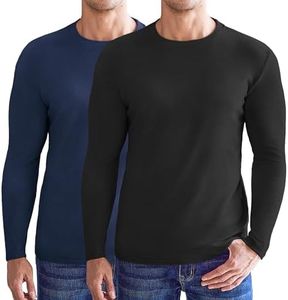 Ekouaer Mens Long Sleeve Shirts Crew Neck Stretchy Thermal Basic Base Layer Fit Undershirts Fleece Sweatshirts Tee Tops Black/Navy Blue M