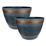 Rustic Style Dark Grey Plastic Half Barrel Cask Planters 51cm Diameter - Set of 2 - Indoor & Outdoor Flower/Plant Pot.