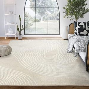 Abani Beige and White Swirl Area Rug | 5'3" x 7'6" Cream Carpet with Wave Pattern | Modern Rug for Living Room, Bedroom and Office | Nuevo Collection