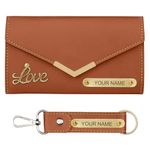 The Wallet Store Personalized Minimal Leather Clutch & Keychain Gift Set for Women | Customized Combo for Girlfriend, Wife, Sister, Mother, Etc (Tan)