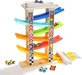 TOP BRIGHT Car Ramp Racer Toy for Toddler - Baby Car Race Track Vehicle Playsets with 6 Wooden Race Cars, 1 Parking Garage, 3 Extra Bridges and 6 Car Ramps for 2 3 4 Year Old Boys & Girls