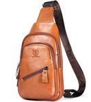 BULLCAPTAIN Leather Sling Bag for Men Crossbody Backpack with USB Charging Port Casual Daypack Shoulder & Chest Bag Purse, Brown, 12"x7"x3.5"