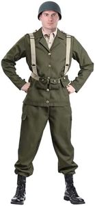 Fun Costumes Deluxe WW2 Soldier Costume for Men, Adult Dark Green Military Combat Uniform Halloween Dress, Army Party Attire