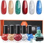 modelones New Year Nail Polish Set 6 Colors, Red Green Burgundy Gold Silver Blue Glitter Quick Dry Mini Nail Lacquer Kit with Christmas Stickers, Sparkle Winter Nail Art Manicure Gift for Girls Women