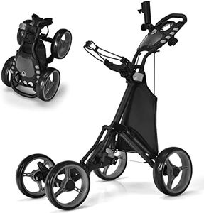 COSTWAY 4 Wheel Golf Trolley, Lightweight Folding Golfs Push Pull Cart with Adjustable Height Handle, Umbrella Stand, Cup Holder and Foot Brake (with Storage Bag, Grey)