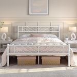 Yaheetech Queen Size Bed Frame Metal Platform with Durable Supports, Mattress Foundation with Arrow Design Headboard Storage Clearance. Easy Assembly, No Box Spring Needed, White