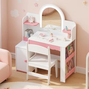 spanspace Kids Vanity with Lights, Princess Girls Vanity with Open Storage Shelves, Toddler Vanity Table and Chair Set, Perfect for Bedroom or Playroom