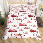 Loussiesd Aircraft Bedding Set Fire Truck Car Duvet Cover For Kids Boys Toddler Cartoon Red Fire Engine Helicopter Comforter Cover Emergency Vehicles 2Pcs Single Size