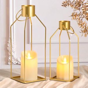 NITIME 2PCS 12/15'' Gold Metal Lanterns Decorative(No Glass)-Gold Metal Candle Lanterns Decorative Outdoor with 2PCS Flickering LED Candles for Front Porch Decor, Mantle Decorations, and Home Decor