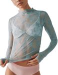 Ugerlov Women's Sheer Top Long Sleeve Mesh Top Mock Neck Blouse See Through Floral Lace Shirt, Light Blue L