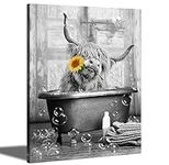 Highland Cow Wall Art in Bathtub Canvas Print - Black and White Photo Bubble Funny Cattle Pictures Animal Painting Farmhouse Artwork 12x16 inch for Wall