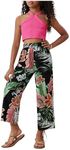 OYOANGLE Girl's 2 Piece Clothing Sets Outfits Sleeveless Halter Crop Top and Tropical Print Pants Sets Hot Pink 13-14Y