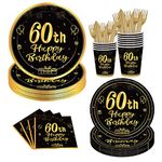 144PCS 60th Birthday Plates and Napkins Birthday Party Supplies 60th Birthday Party Decorations for Men Women Birthday Party Tableware 60th Birthday Paper Plates Napkins Cups Forks and Knives Serve 24