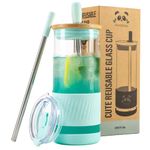 Pandaloo Glass Cups With Lids and Straws -20 Fl Oz- Perfect Size Iced Coffee Cup - Smoothie Cup With Bamboo Lid and On the go Lid - Glass Tumbler With Straw (1 Count (Pack of 1), Carribean Blue) P001