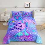 Rainbow Mermaid Bedding Set Ocean Life Sea Animal Comforter Set for Kids Boys Girls Princess Fish Scales Decor Comforter Girly Pastel Duvet Set Full Size with 2 Pillow Case