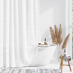 Dynamene Stall Fabric Shower Curtain, 60x84 Inch Long Boho Tufted Geometric Striped Shower Curtains for Bathroom, Modern Farmhouse Tassel Shower Curtain Set with 10 Hooks, Machine Washable, White