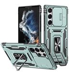 2022 New CASE for Samsung 22 Ultra Case with Kickstand & Camera Cover Slide,[2 in 1] Heavy Duty Drop Proof Phone Cover.Hard PC+Silicone Protective Case Samsung Galaxy 22 Ultra Phone Case(Cyan)