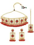 Sukkhi Beautiful Squared Shaped Red Beads With Gold Plated Choker Necklace Set With Earring And Maangtika | Jewellery Set For Women (NS105498)