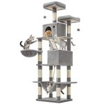Feandrea Cat Tree, 206 cm Large Cat Tower Condo with 13 Scratching Posts, 1 Scratching Ramp, 2 Perches, 2 Caves, Basket, Hammock, Pompoms, Light Grey PCT190W01V1