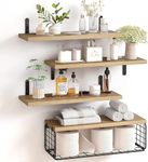 4+1 Tier Floating Shelves, Rustic Wood Wall Mounted Shelf, Bathroom Shelves Over Toilet with Wire Storage Basket, Farmhouse Wall Decor for Bedroom, Kitchen, Living Room and Plants (Rustic Brown)