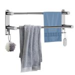 DMSELL Adjustable Double Towel Rail Wall Mounted, 41-75 cm Double Bath Towel Rack with Hooks, Retractable Double Bath Towel Rack Wall Mounted for Bathroom Kitchen