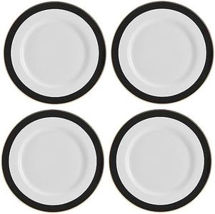 Mikasa Luxe Deco 4 Piece Fine China Dinner Plate Set - Sophisticated Art Deco Design with Black and White Stripe | Gold Trim Detailing | Perfect for Elegant Dining and Gift Presentation | 27.5cm