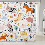 Kawaii Bath Curtain Farm Animal Curtain Set for Kids Child,Cartoon Milk Cow Horse Dog Cat Chicken Duck Cute Shower Curtain Rainbow Flowers Sunflower Ladybug Kawaii Bathroom Decor 72"Wx78"L