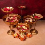 Asia Handcrafted Taj Urli Floating Flower Set | Hammered Taj Set with Stand | Urli with Bowl for Living Room | Pooja Diya, Diwali, Christmas, Festival Decor Set of 9 Pcs Combo Pack