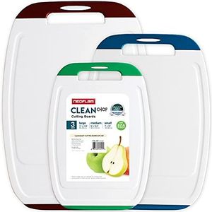 Neoflam Microban Antimicrobial Plastic Cutting Board 3 Sets, BPA Free, Non-Slip EZ Grip Handle, Dishwasher Safe, Stain & Odor Free, Reversible Board, Larger Juice Groove, Multicolor