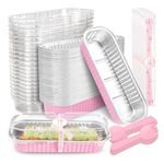 NPLUX 50 Pack Mini Cake Pans with Lids and Spoons Rectangular Aluminum Foil Baking Pans Mini Cheesecake Containers(6.8oz)