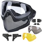 ATAIRSOFT Airsoft 2 Modes Tactical Safety Protective Full Face Mask Anti-Fog Goggles Set with 3 Interchangable Lens Black