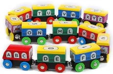 On Track USA Wooden Train Set ABC Magnetic Trains for Toddlers 12 Pieces, Compatible with All Train Track Accessory Sets, Alphabet and Numbers Toy Trains for Boys and Girls