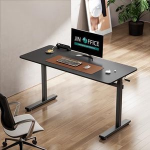 JIN OFFICE Steel Height Adjustable Desk Manual|Manual Sit Stand Desk With Hand Crank For Height Adjustment,Polished|Additional Crossbar For Stability|Height Adjustable Table 1400 * 600 Mm Table Top
