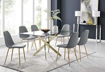 Furniturebox UK Leonardo Rectangular Glass 6 Seater Dining Table with Gold Metal Starburst Legs 150x90cm Modern Minimalist Table with 6 Grey Faux Leather Corona Gold Leg Dining Chairs