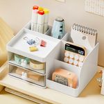 Drawer Organizers, 5 sections & 2 drawers Pen Holder for Desktop Storage, Desk Organizer and Accessories, Plastic Makeup Organizer, Desk Organization for School, Home, Office Supplies (White)