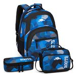 Roots Athletic 3-in-1 Matching Water Resistant Teen Backpack and Lunch Bag Set with Bonus Pencil Case - Made from 100% Recycled Fabrics - 34 litres, Blue Black Navy Camo, XL