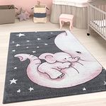 Kids Rug Pink Grey Animal Nursery Carpet Soft Woven Girls Bedroom Rug Baby Playroom Mat (Pink Grey White Elephant, 80x150cm (2'6"x5'0"))