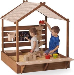 Best Choice Products Sandbox with Canopy, Extra Large Wooden Kids Sand Box with Cover, Water Table & Sink, Chalkboard, Bench Seating w/ 110 lb Capacity, Outdoor Backyard Playset - Beige