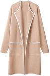 MEROKEETY Women's Open Front Coatigan Sweater Long Sleeve Casual Knit Lapel Cardigan Coat with Pockets, BlockKhaki, Large