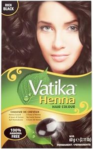 Vatika Naturals Permanent Hair Dye Rich Black – Ammonia-Free With Natural Henna, Grey Coverage, Nourishing Herbal Blend, Long-Lasting Hair Color for Soft, Shiny Results – 6 Sachets X 10g