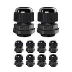 AIRIC 3/4" NPT Cable Glands Nylon PA66, Black IP68 Waterproof Adjustable Strain Relief Cord Connector, Junction Box Connectors Cord Grips with Gaskets and Locknut, (3/4" NPT, 10PCS)