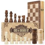 Peradix Chess Set and Draughts Board Games 2 in 1 Set | 38x38cm Magnetic Foldable Wooden Chess Board | 2 Extral Queen | Handmade Chess Toys Gift for Kids and Adult