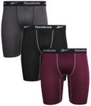 Reebok Men's Compression Long Length Performance Boxer Briefs (3 Pack), Size Large, Grey/Black/Purple